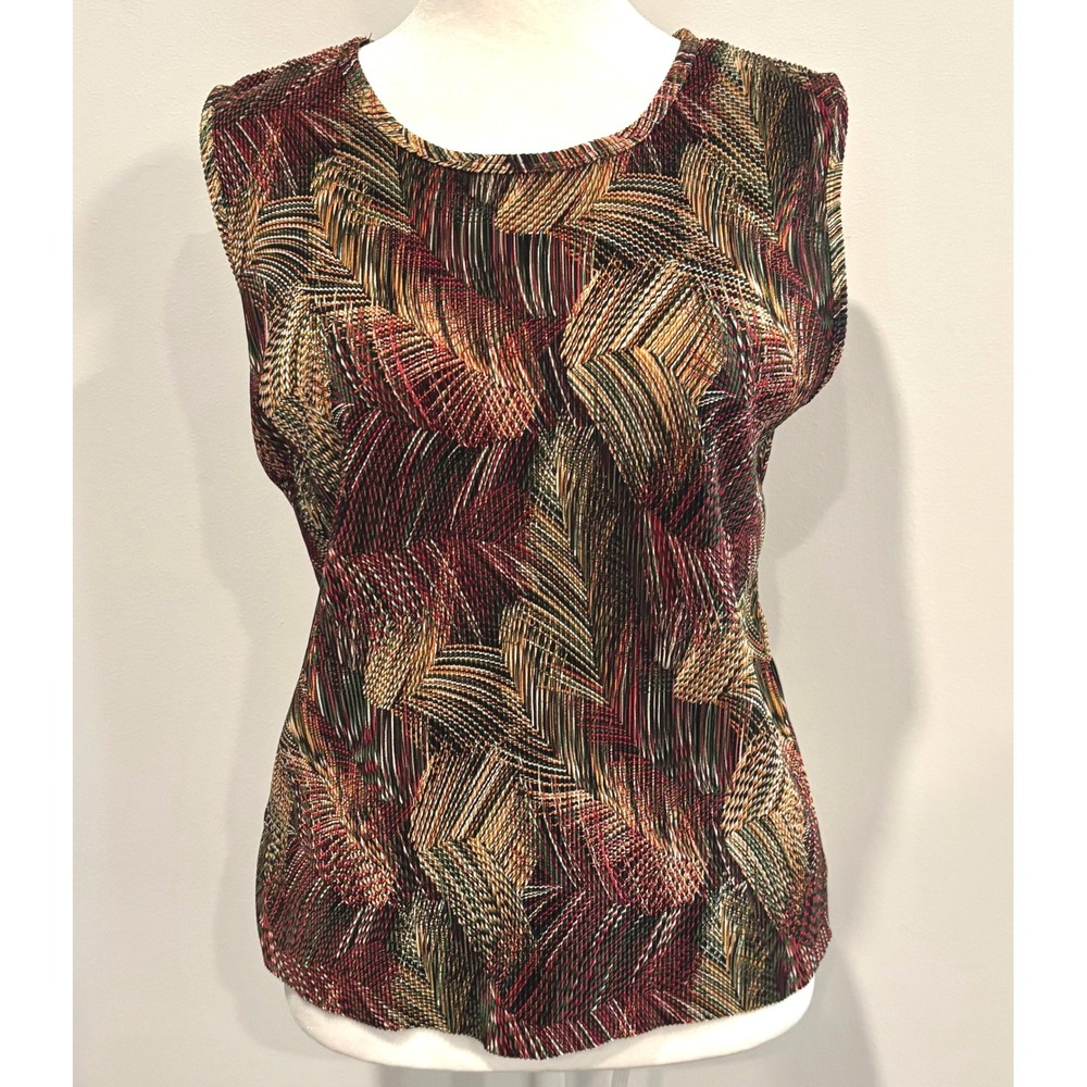 Vtg Plisse Womens Top Large Abstract Pleated Art Deco Earthy Retro Casual 20970